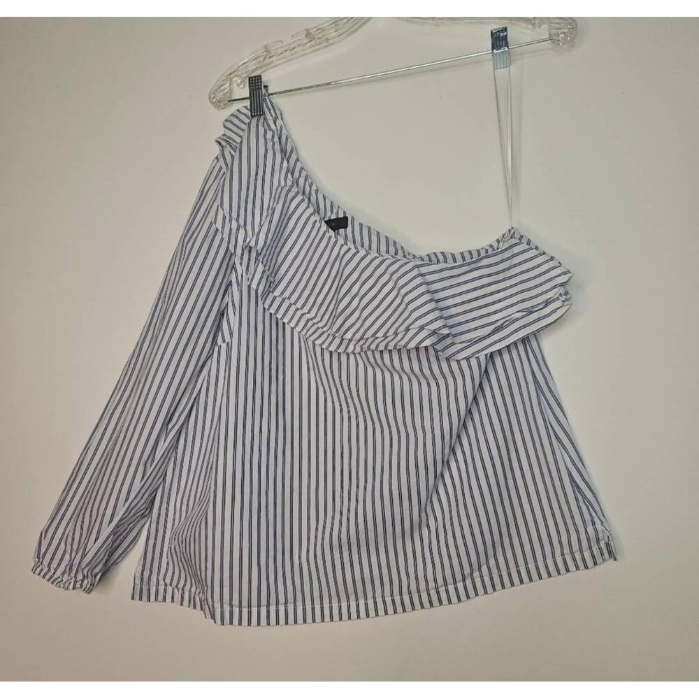 J.Crew Blue White Striped Ruffled One-Shoulder Top Size 12 - Picture 7 of 9